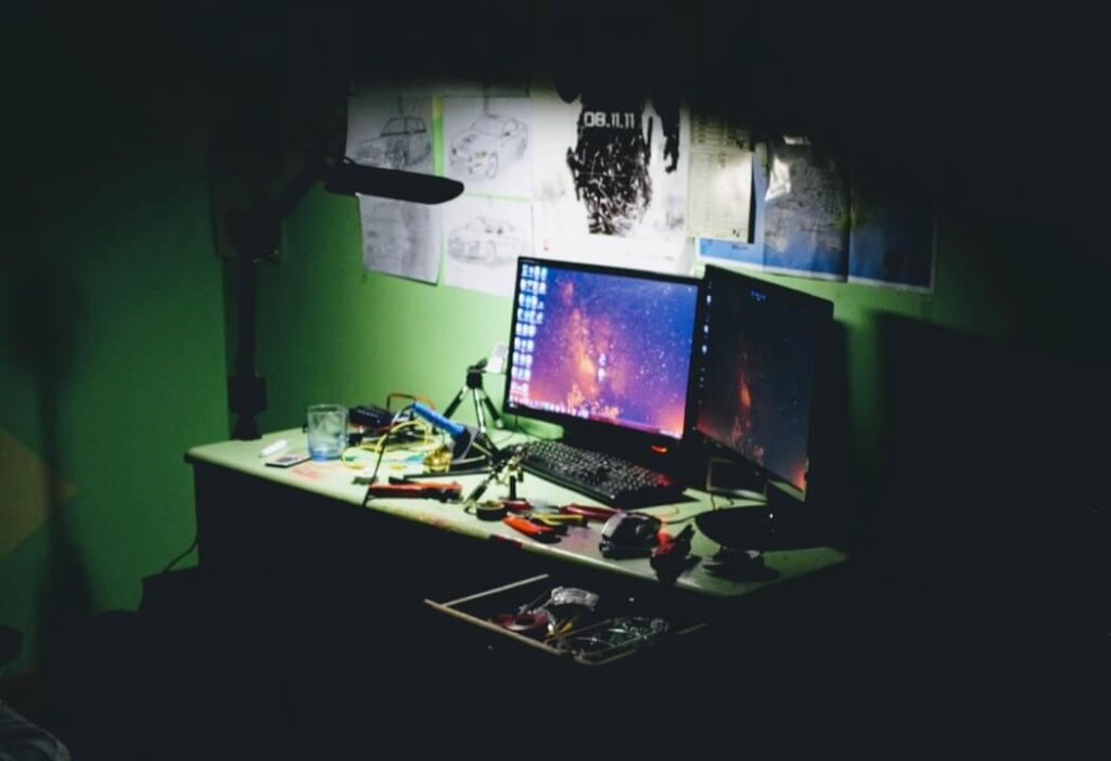 Computer workstation in dark room